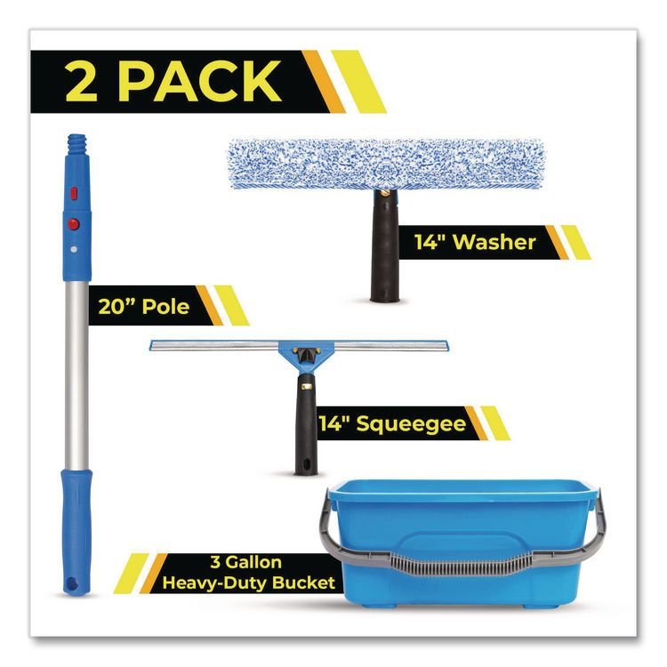Gritt Commercial Pro Window Cleaning Kit with 14" Squeegee, 14" Washer, 20" Pole and 3 Gallon Heavy-Duty Bucket - Image 2