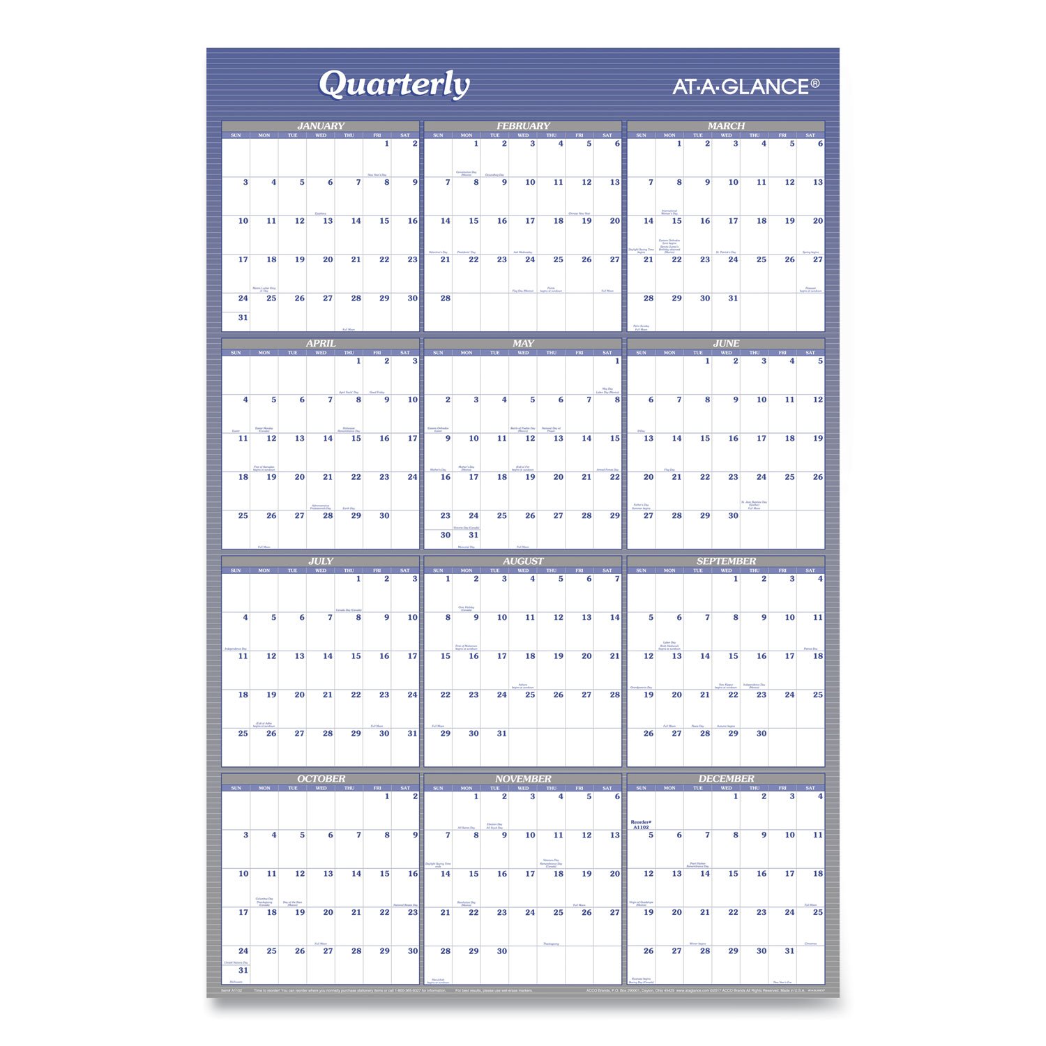 AT-A-GLANCE® Vertical/Horizontal Erasable Quarterly/Monthly Wall Planner
